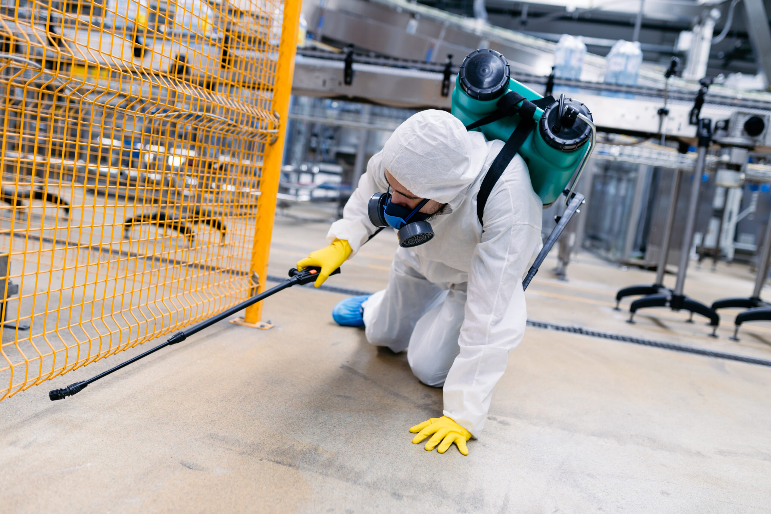 Exterminator in industrial plant spraying pesticide with sprayer.